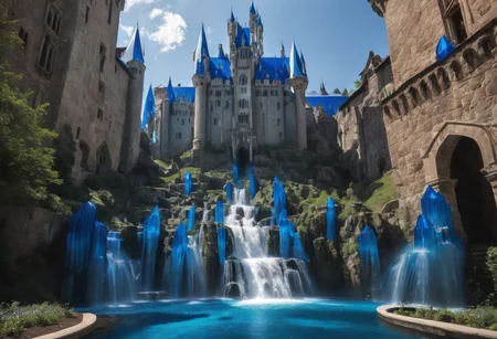 castle floating in the air, a waterfall flows from the castle to the ground, sharp faceted blue crystals decorate the castle, looking up from the ground view, see the underside of the castle