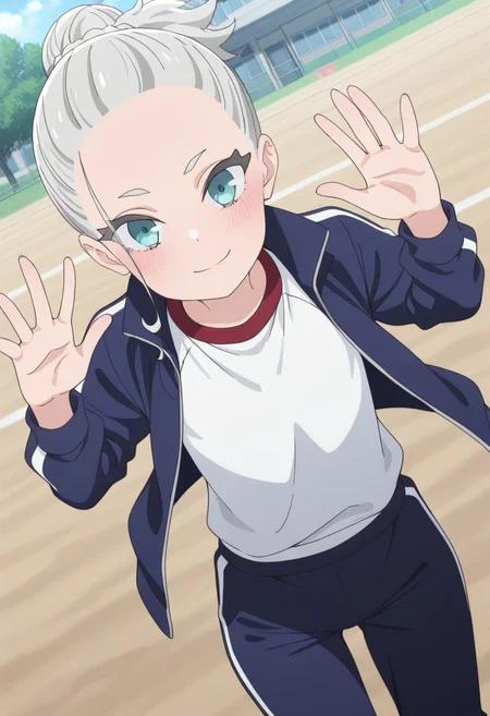 masterpiece,best quality,absurdres,perfect lighting,outdoors,school,day,
*//*,<lora:HealerGirl_Sonia_Yanagi-Illustrious:1>,sonia_yanagi,1girl,solo,grey hair,aqua eyes,forehead,track suit,track jacket,track pants,zipper,long sleeves,gym uniform, open clothes,
*//*,looking at viewer,cowboy shot,dutch angle,dynamic pose,light smile,