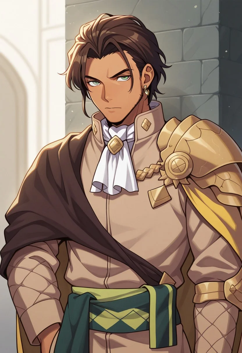 masterpiece,best quality,amazing quality, source_anime,
ClaudeVonRiegan, 1boy, male focus, solo, green eyes, brown hair, dark-skinned male, jewelry, earrings, aged up, facial hair, ascot, white ascot, single shoulder armor, cape, yellow cape, jacket, brown jacket, green sash,