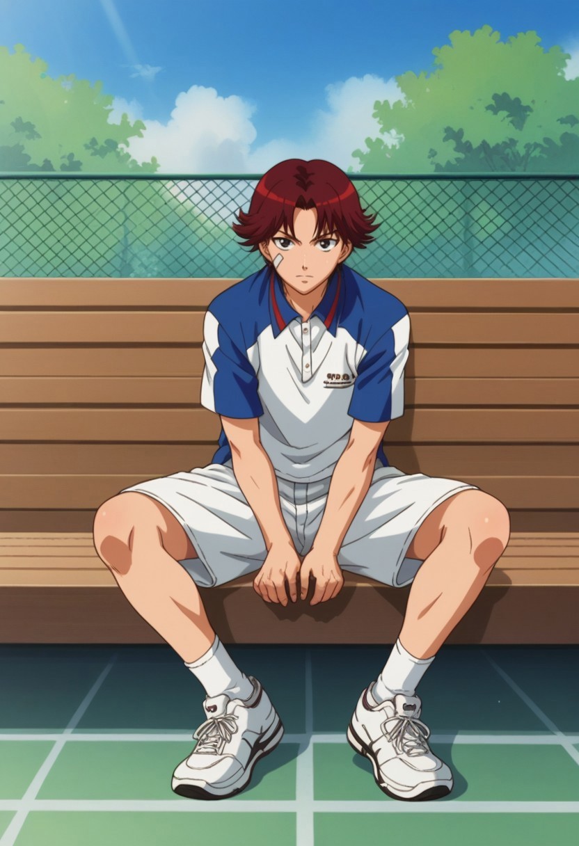 score_9, score_8_up, score_7_up, source_anime, highly detailed, 

eijikiku, 1boy, male focus, solo, red hair, short hair, black eyes, bandaid on face, sportwear, tennis uniform, shirt, white shirt, blue shirt, short sleeves, polo shirt, shorts, white shorts, socks, shoes, sneakers, white footwear,


outdoor, sit,