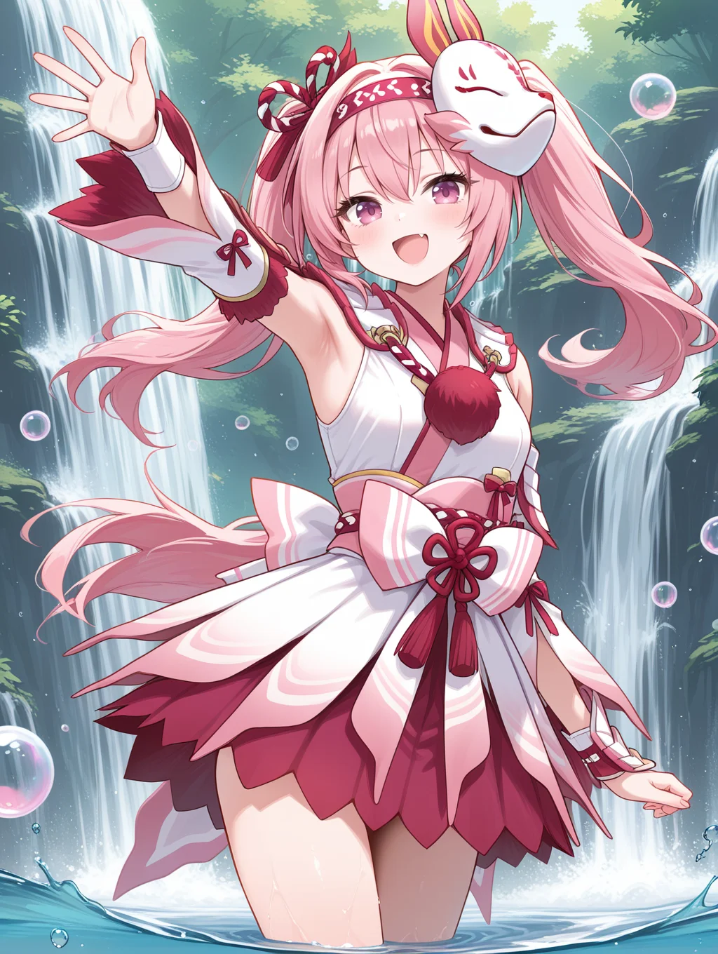mizutsune gunner armor,solo,1girl,open mouth,smile,arm up,bubble,waving,long hair,looking at viewer,:d,twintails,armpits,sketch,hair between eyes,fang,pink hairband,white kimono dress,pink sash bow,white detached sleeves,white vambraces,bubble,waterfall,wading,
masterpiece,best quality,amazing quality,very aesthetic,absurdres,newest,<lora:Mizutsune Armor Beta illuXL v1:0.7>,