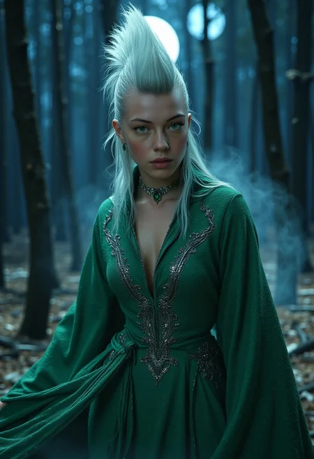civitametapunkFLUX_Fem, 1girl,solo, light skin. 
A young female (evil witch) hyper realistic and highly  detailed with a mohawk hair and the sides of his hairstyle is short and neat, white hair.
Her eyes are bright green.
She is wearing a green robe with magical silver details. 
The background is a dense, dry forest with black trunks in the night.
Blue haze is surrounding the witch.
She is looking at the camera with a slightly evil face.
The lighting is dramatic, coming from a full moon in the open sky.
hkmagic
