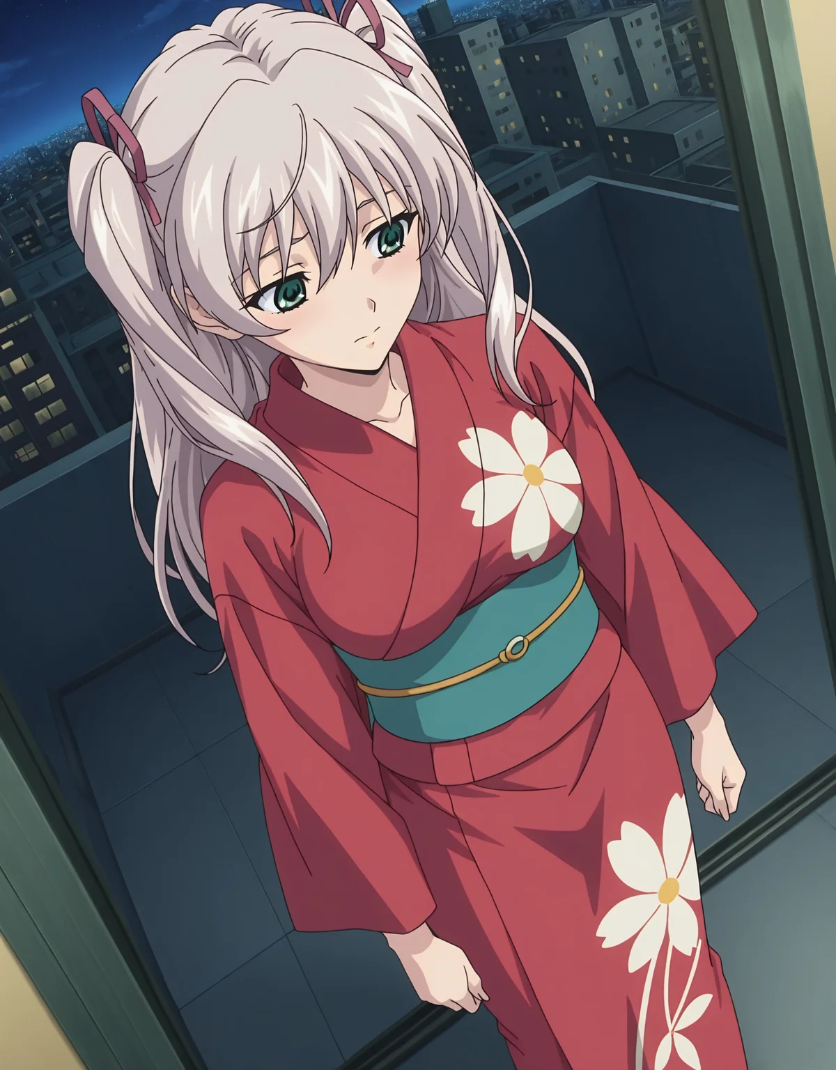 masterpiece,best quality,very aesthetic,zPDXL,2023,anime style,huge filesize,wallpaper,anime screencap,
BREAK <lora:suvia_v5-000018:0.8>,suviav5,1girl,solo,long hair,ribbon,hair ribbon,green eyes,two side up,breasts,twintails,medium breasts,grey hair,17-year-old girl,(a domineering girl:1.3),skinny,standing,dynamic_angle,close-up,macro_shot,fullbody,city,(kimono:0.5),hair bun,yukata,print kimono,furisode,