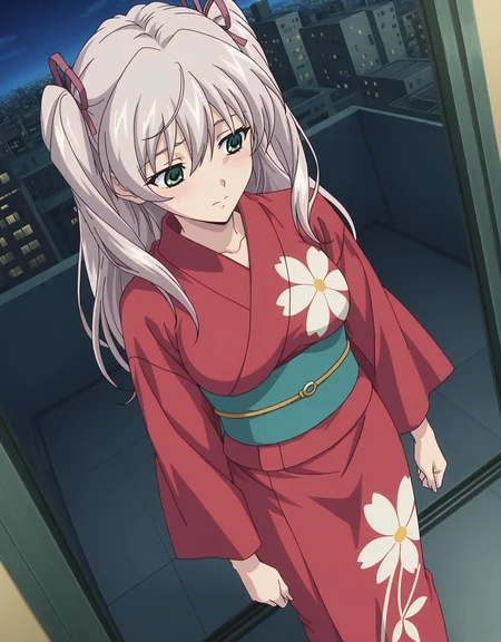 masterpiece,best quality,very aesthetic,zPDXL,2023,anime style,huge filesize,wallpaper,anime screencap,
BREAK <lora:suvia_v5-000018:0.8>,suviav5,1girl,solo,long hair,ribbon,hair ribbon,green eyes,two side up,breasts,twintails,medium breasts,grey hair,17-year-old girl,(a domineering girl:1.3),skinny,standing,dynamic_angle,close-up,macro_shot,fullbody,city,(kimono:0.5),hair bun,yukata,print kimono,furisode,