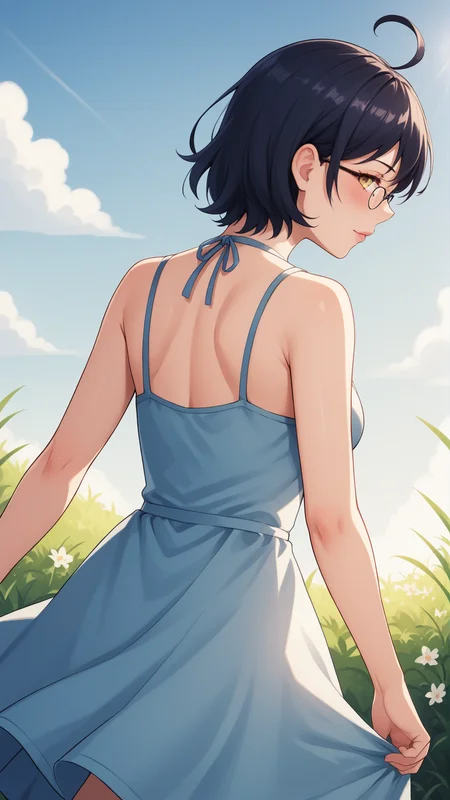 score_9, score_8_up, score_7_up, BREAK source_anime, best quality, masterpiece, ultra detailed,
<lora:Everlasting_Summer_Zhenya_by_GraffMetal:0.8>, zhenya, short hair, yellow eyes, ahoge, glasses, black hair, 1girl, solo
blush,
black eyeliner cat eye, pink lips,
short sundress, blue sundress, transparent dress
amazing background, close, (close-up), from behind, looking back, summer, outdoors, flower field, vivid colors, rays of light, sunset, from below