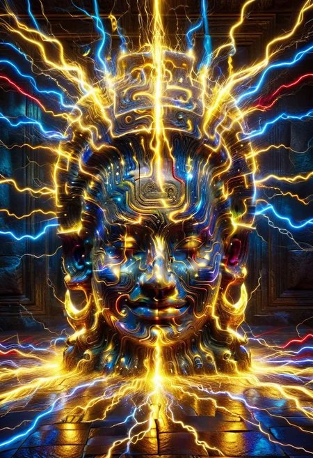 high quality, high resolution, extremely detailed, lthndrtrl, no humans, Angkol, indoors, stone head made of golden and blue and red and yellow and purple lightning thunder trails, statue, dynamic lighting, wall, floor,