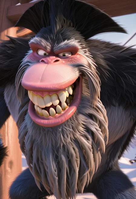core_9, score_8_up, score_7_up, score_6_up, score_5_up, score_4_up, detailed background, detailed face, 1boy, solo, male, short legs, several gold crowns in the mouth, Captain Gutt. Gigantopithecus, thick fur, crooked teeth, cartoon, long arms, hairstyle, Ice Age Style, 3d, monkey face