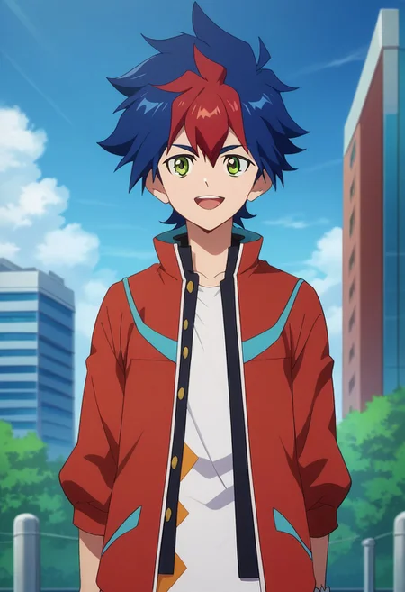 score_9, score_8_up, score_7_up, source_anime, highly detailed,
Tenryu, 1boy, male focus, green eyes, blue hair, solo, multicolored hair, smile, red hair, open mouth, jacket,
two-tone hair, upper body,
outdoor, sky, building, day, clouds,