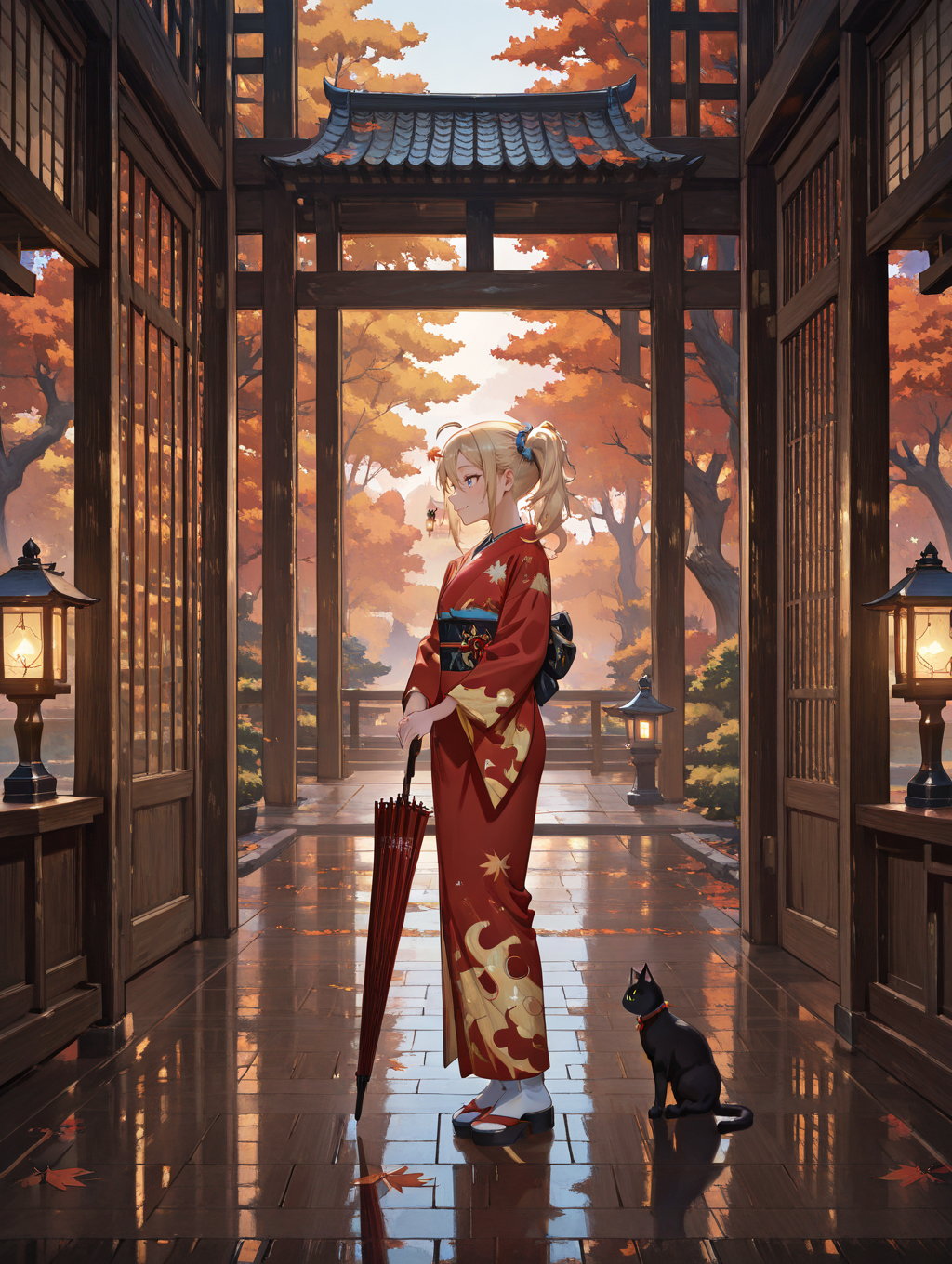 perfect quality,high quality,masterpiece,best quality,amazing quality,very aesthetic,absurdres,Cinematic Lighting,newest,Tactical use of shadow,
1girl,solo,blonde hair,long hair,side ponytail,blue scrunchie,scrunchie,hair scrunchie,hair between eyes,bangs,sidelocks,blue eyes,necklace,HayasakaAiCYQL,,
japaneseclothes,kimono,umbrella,oil-paperumbrella,autumnleaves,holding,cat,reflectivefloor,veryholdingumbrella,widesleeves,standing,eastasianarchitecture,lantern,leaf,reflection,architecture,scenery,ponytail,autumn,indoors,longsleeves,mapleleaf,fromside,wideshot,bow,slidingdoors,ahoge,profile,sash,obi,redkimono,printkimono,redumbrella,lookingatviewer,blackcat,smile,tree,fullbody,woodenfloor,,
<lora:spo_sdxl_10ep_4k-data_lora_webui:0.5>,<lora:EtherSDXL:0.6>,EtherStyle,<lora:illustrious_quality_modifiers_masterpieces_v1:0.7>,<lora:lora.by_tusi:1>,
