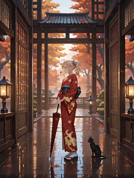 perfect quality,high quality,masterpiece,best quality,amazing quality,very aesthetic,absurdres,Cinematic Lighting,newest,Tactical use of shadow,
1girl,solo,blonde hair,long hair,side ponytail,blue scrunchie,scrunchie,hair scrunchie,hair between eyes,bangs,sidelocks,blue eyes,necklace,HayasakaAiCYQL,,
japaneseclothes,kimono,umbrella,oil-paperumbrella,autumnleaves,holding,cat,reflectivefloor,veryholdingumbrella,widesleeves,standing,eastasianarchitecture,lantern,leaf,reflection,architecture,scenery,ponytail,autumn,indoors,longsleeves,mapleleaf,fromside,wideshot,bow,slidingdoors,ahoge,profile,sash,obi,redkimono,printkimono,redumbrella,lookingatviewer,blackcat,smile,tree,fullbody,woodenfloor,,
<lora:spo_sdxl_10ep_4k-data_lora_webui:0.5>,<lora:EtherSDXL:0.6>,EtherStyle,<lora:illustrious_quality_modifiers_masterpieces_v1:0.7>,<lora:lora.by_tusi:1>,