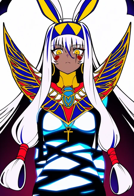 best quality, amazing quality, very aesthetic, absurdres,
1girl, nitocris alter, yellow eyes, long hair, dark skin, multicolored hair, jackal ears, white hair, very long hair, facial mark, usekh collar, bandages, colored inner hair, hairband, facepaint, hoop earrings, sidelocks,
antenna hair,
upper body, arms behind back,
solo, looking at viewer, white background, simple background <lora:NitocrisAlterNoobXL_byKonan:1>