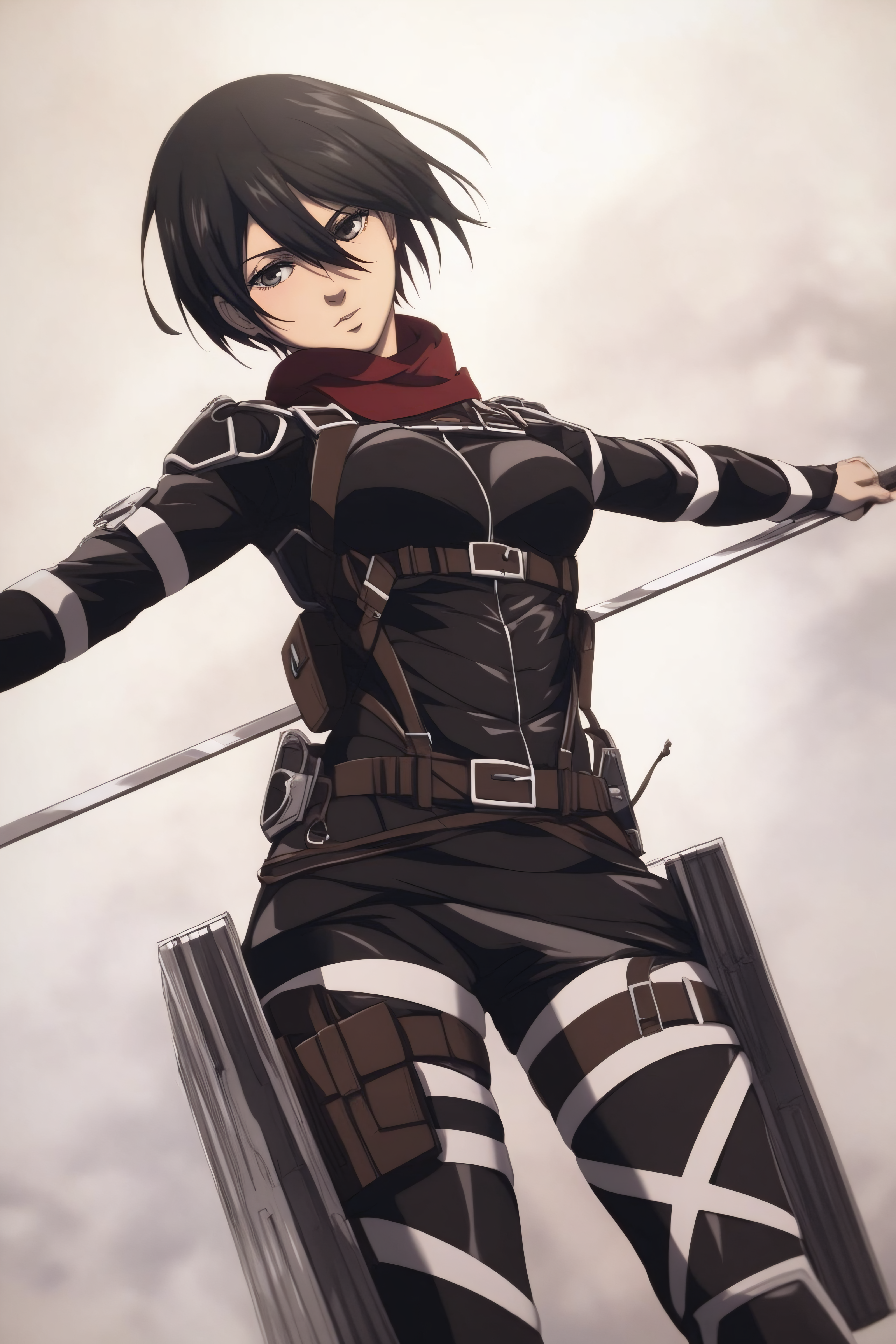 score_9, score_8_up, score_7_up, BREAK source_anime, <lora:adult mikasa ackerman-PonyXL-lora-faxtron:0.8> adult mikasa ackerman, black eyes, black hair, short hair, medium breasts, military uniform, armor, belt, thigh strap,