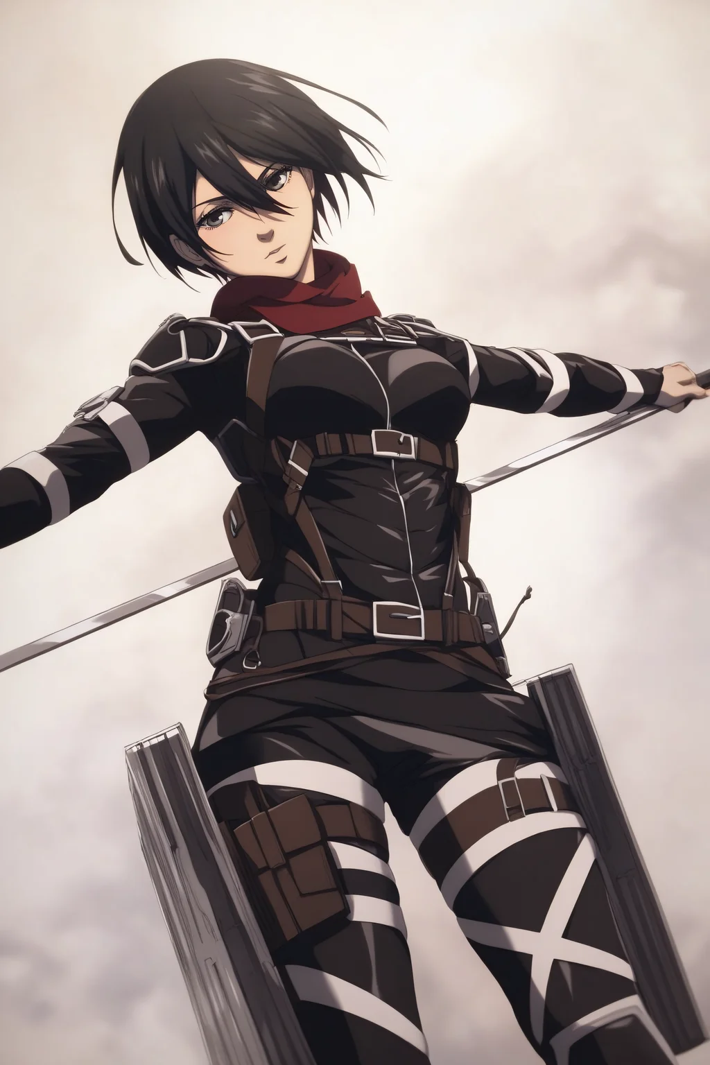 score_9, score_8_up, score_7_up, BREAK source_anime, <lora:adult mikasa ackerman-PonyXL-lora-faxtron:0.8> adult mikasa ackerman, black eyes, black hair, short hair, medium breasts, military uniform, armor, belt, thigh strap,