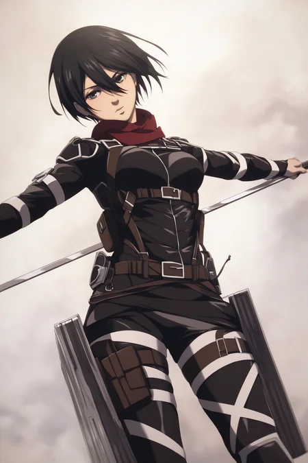 score_9, score_8_up, score_7_up, BREAK source_anime, <lora:adult mikasa ackerman-PonyXL-lora-faxtron:0.8> adult mikasa ackerman, black eyes, black hair, short hair, medium breasts, military uniform, armor, belt, thigh strap,