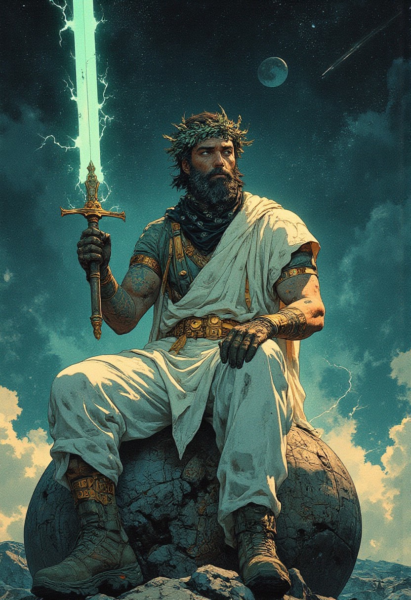 A highly detailed digital illustration in fantasy art features a man with a chiseled, Greek god-like face, smooth and free of facial hair, exuding an air of divinity. He is draped in a flowing white robe, reminiscent of ancient Greek attire, with luxurious golden accents and intricate golden ornaments adorning the fabric. The robe is wrapped elegantly around his waist and flows around his legs, its fine details reminiscent of classic Greco-Roman fashion. A wreath of olive branches, radiant in gold, rests atop his head, symbolizing wisdom and peace. He sits atop a massive stone sphere, its surface carved with ancient runes, creating a striking contrast between the divine and the earthly. Above, the night sky is filled with shimmering stars, distant planets, and a comet streaking across the void, enhancing the celestial atmosphere. In one hand, he raises a glowing electric green sword, its energy illuminating the scene with an otherworldly glow. Across his back, he carries a rugged trekking backpack, while his mouth is concealed by a black bandana patterned with traditional designs. His hands are protected by sturdy trekking gloves, and his feet are encased in tough safety boots, merging the elegance of Greek mythology with the practicality of an adventurer.