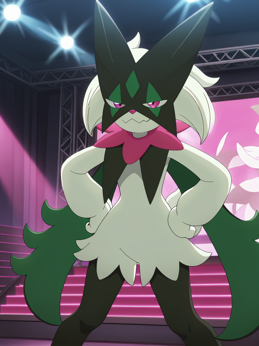 masterpiece, best quality, amazing quality, very aesthetic, absurdres, newest,  anime screenshot anime coloring, <lora:MeowscaradaIllust:1>masquernyaillust, pokemon (creature), furry, solo, no humans, smile, pink eyes  standing,  smug, wink, hands on own hips, stage,  stage lights,  reflector