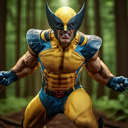 WolverineV2-1024, a man dressed as wolverine, claws, in canadian forest , cyberpunk background, highly detailed, photography, ultra sharp, film, bokeh, professional, 64k <lora:WolverineV2-1024:0.8>