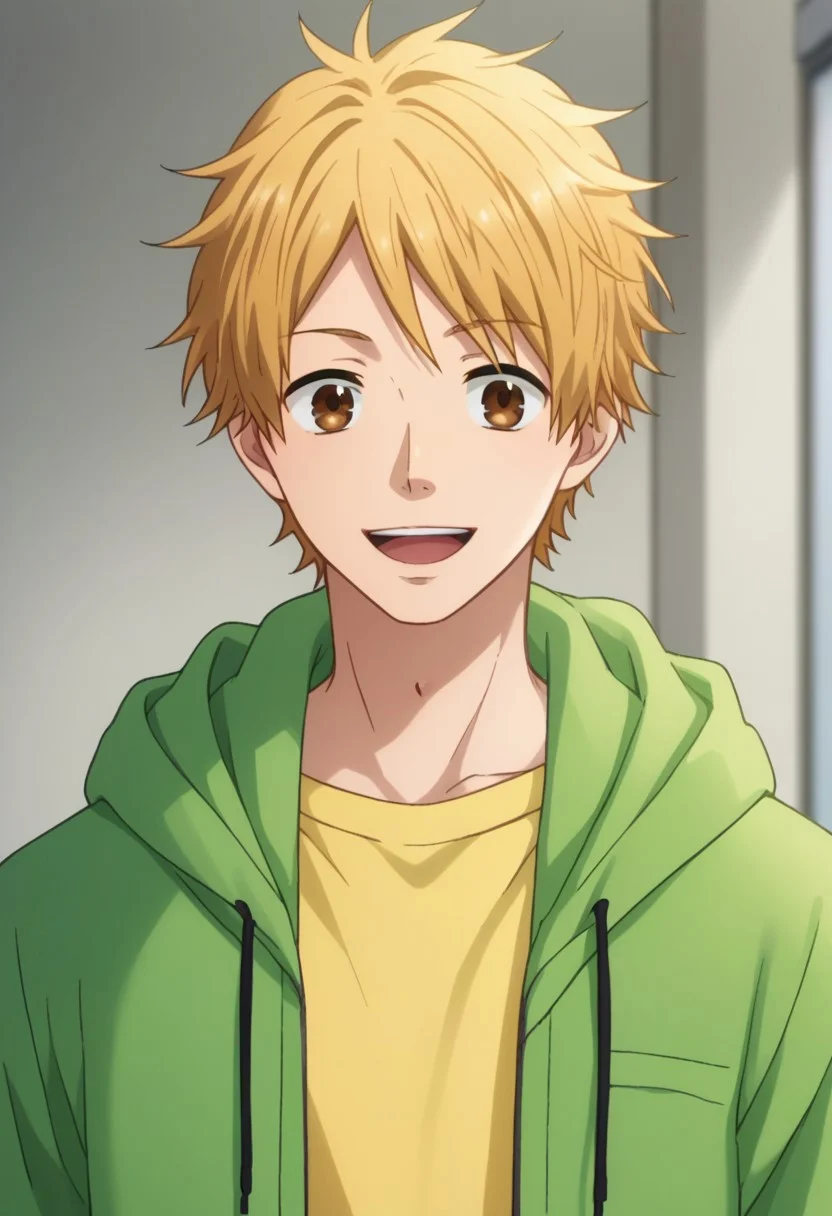 score_9, score_8_up, score_7_up, source_anime, highly detailed,
natsuki, 1boy, male focus, solo, blonde hair, upper body, brown eyes, hoodie, green hoodie, hood, open hoodie, open clothes, yellow t-shirt, pants, smile, open mouth,