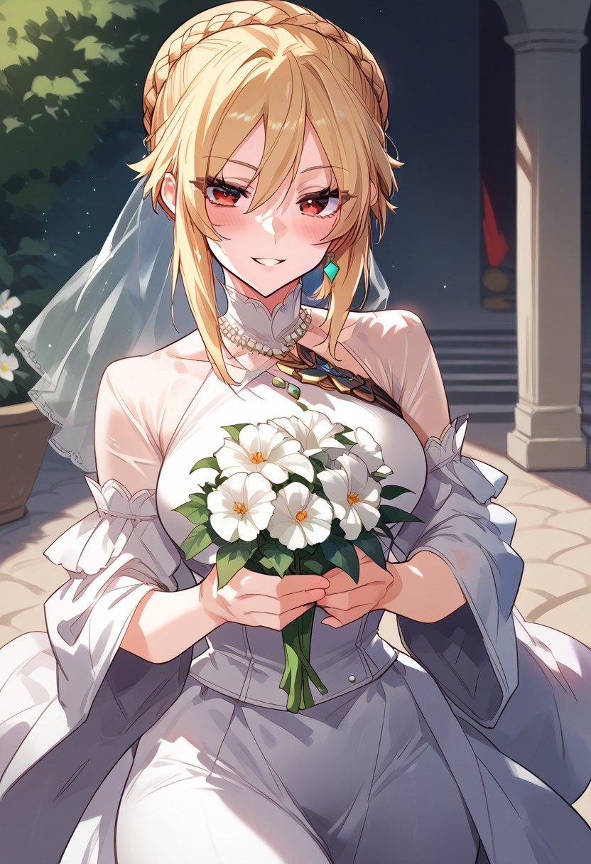 zPDXL3, score_9_up, score_8_up, score_7_up, (Anime_source), 1girl, Olivia, Angelica.R.R., red eyes, blonde hair, long hair, bun hair, braid, bride clothes, holding banquet flower, cowboy shot, looking at viewer, parted lips, blush, smile,