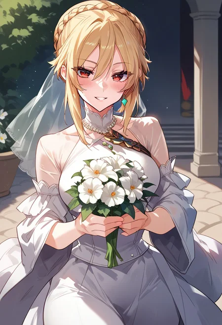zPDXL3, score_9_up, score_8_up, score_7_up, (Anime_source), 1girl, Olivia, Angelica.R.R., red eyes, blonde hair, long hair, bun hair, braid, bride clothes, holding banquet flower, cowboy shot, looking at viewer, parted lips, blush, smile,