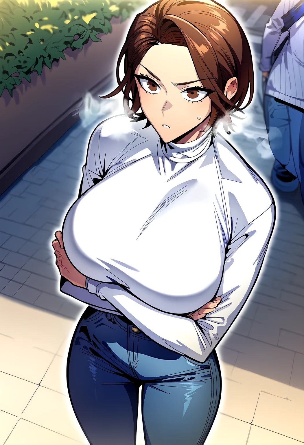 score_9, score_8_up, score_7_up, score_6_up, source_anime, rating_explicit, <lora:neg4all_bdsqlsz_V3.5:2.0>1girl, (solo:1.1), huge breasts, <lora:Baek Hayeonponyxl:1> brown hair, short hair, brown eyes, pants, jeans, long sleeves, white shirt, turtleneck, serious, parted lips, Narrow shoulders, heavy breathing, sweat, steaming body, street, outdoor, looking at viewer, crossed arms, from above, dutch angle