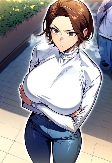 score_9, score_8_up, score_7_up, score_6_up, source_anime, rating_explicit, <lora:neg4all_bdsqlsz_V3.5:2.0>1girl, (solo:1.1), huge breasts, <lora:Baek Hayeonponyxl:1> brown hair, short hair, brown eyes, pants, jeans, long sleeves, white shirt, turtleneck, serious, parted lips, Narrow shoulders, heavy breathing, sweat, steaming body, street, outdoor, looking at viewer, crossed arms, from above, dutch angle