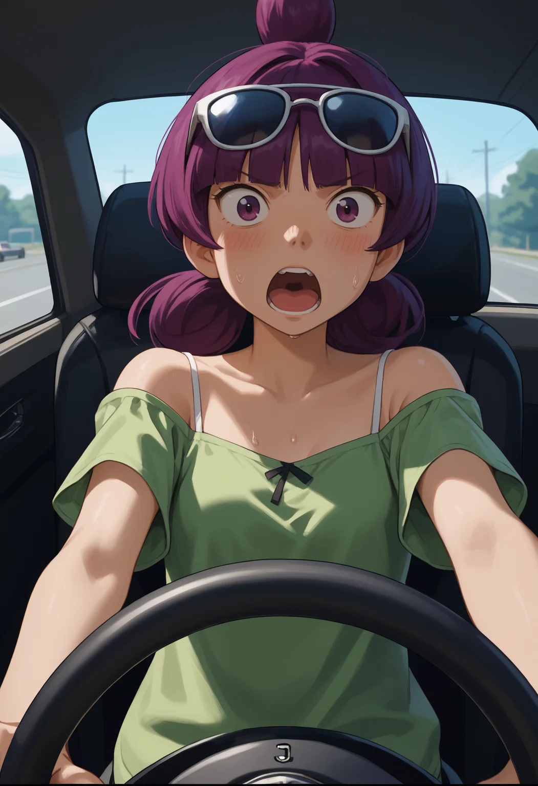 score_9, score_8_up,score_7_up, source_anime, 1girl, solo, <lora:Jptr_pdxl_EliPot:1>, gingadanjupiter, purple hair, purple eyes, medium hair,
eyewear on head, sunglasses, !, !!, blush, green shirt, driving, looking at viewer, motion blur, open mouth, shirt, short sleeves, spaghetti strap, steering, steering wheel, surprised, sweat, upper body, screaming, panicking, wide-eyed,