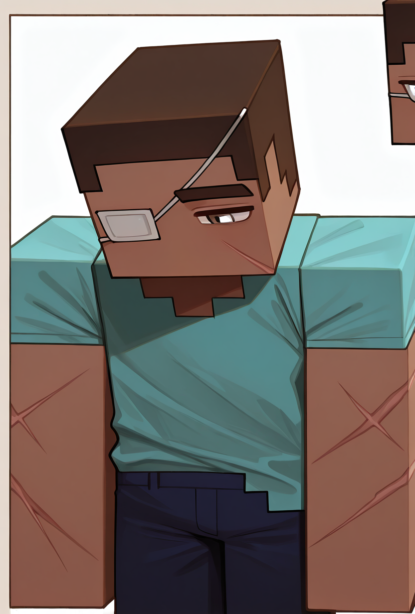 <lora:stevemc-08:1> stevemc, 1boy, male focus, cyan shirt, brown hair, dark-skinned male, dark blue pants, square, square body, square arms, behind trees, supper body, character focus, scars, white eye patch, masterpiece, best quality, amazing quality, very aesthetic, absurdres, newest,