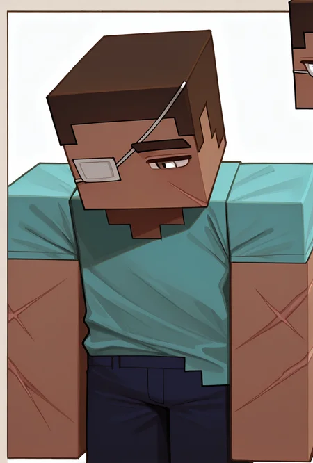 <lora:stevemc-08:1> stevemc, 1boy, male focus, cyan shirt, brown hair, dark-skinned male, dark blue pants, square, square body, square arms, behind trees, supper body, character focus, scars, white eye patch, masterpiece, best quality, amazing quality, very aesthetic, absurdres, newest,