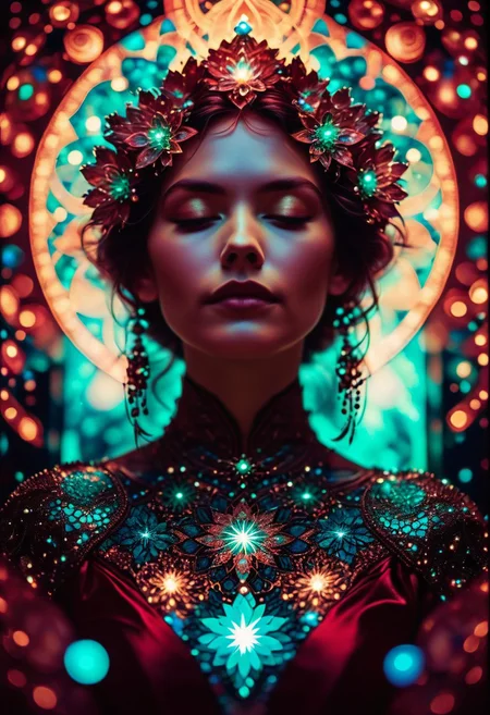 Anti Heroine,  Beadwork Art, Cubism, Ambient Lighting, Backlight, Bioluminescent, Prime Lens, Burgundy Color, CYMK Color, Jade Color Bokeh Effect, Ceramic, Ferrofluid, Supernatural, Celestial Serenity Backdrop, Photo-realistic, 8k, By Alphonse Mucha