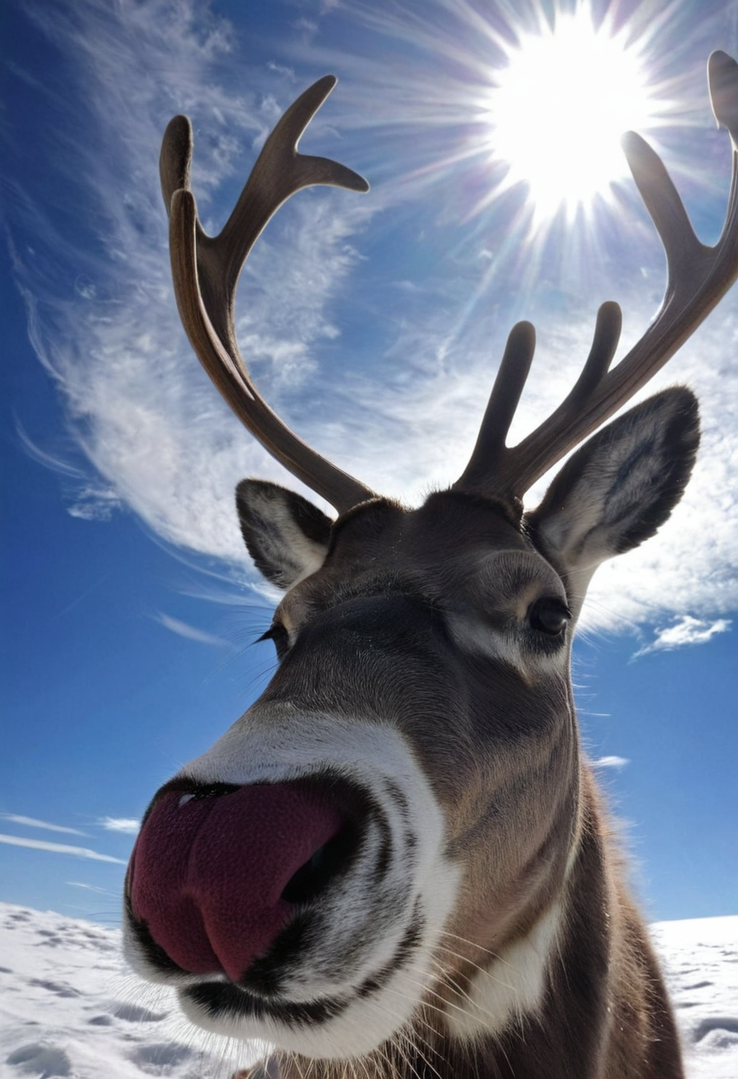 caribou face close-up , background winter cirrus clouds and sun in halo, very realistic photography
<lora:PornMaster-Fantasy style-V1:0.7>,