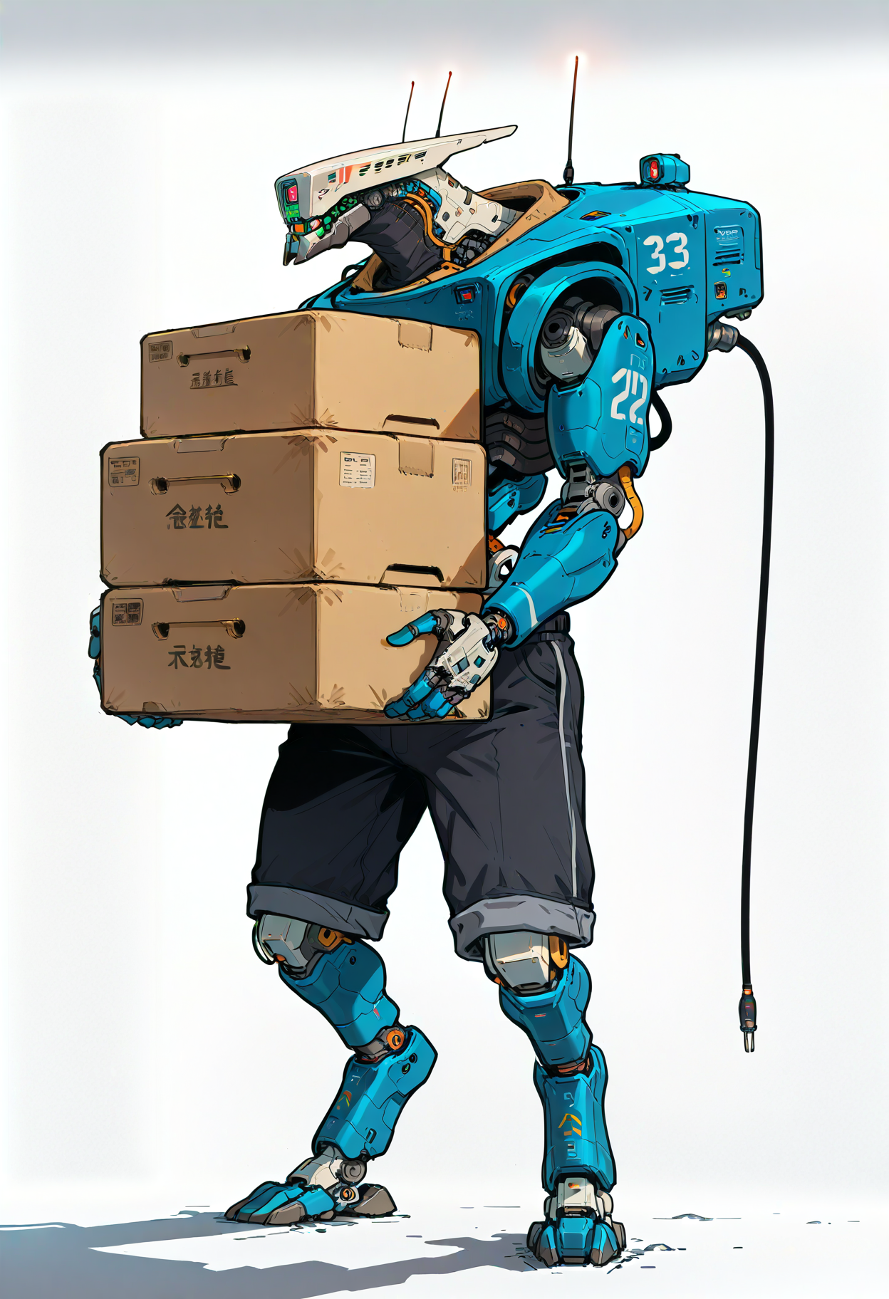 <lora:HeavyTechILXL:1> h3avyt3ch,
robot, box, solo, cardboard box, shorts, cable, radio antenna, holding box, no humans, standing, holding, mecha, black shorts, 1boy, gradient background, humanoid robot, full body, white background, masterpiece, best quality, amazing quality, intricate detail, highly detailed, absurdres, very aesthetic, dynamic lighting, detailed background, scenery, (volumetric lighting)