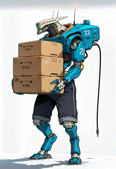 <lora:HeavyTechILXL:1> h3avyt3ch,
robot, box, solo, cardboard box, shorts, cable, radio antenna, holding box, no humans, standing, holding, mecha, black shorts, 1boy, gradient background, humanoid robot, full body, white background, masterpiece, best quality, amazing quality, intricate detail, highly detailed, absurdres, very aesthetic, dynamic lighting, detailed background, scenery, (volumetric lighting)