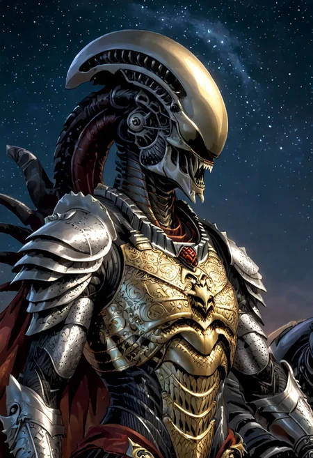 An insanely Detailed Divine Xenomorph, Golden and silver in color, cyberpunk, a crimson tinge to the golden color, Hyperdetailed, Omnipresent, Beautiful, Sinister overtones, otherworldly,((masterpiece, best quality)), fantasy, solo, 1 alien knight, silver armor chestplate with silver medieval ornaments and runes, galactic night sky background, perfect composition, sidelighting, outdoor,