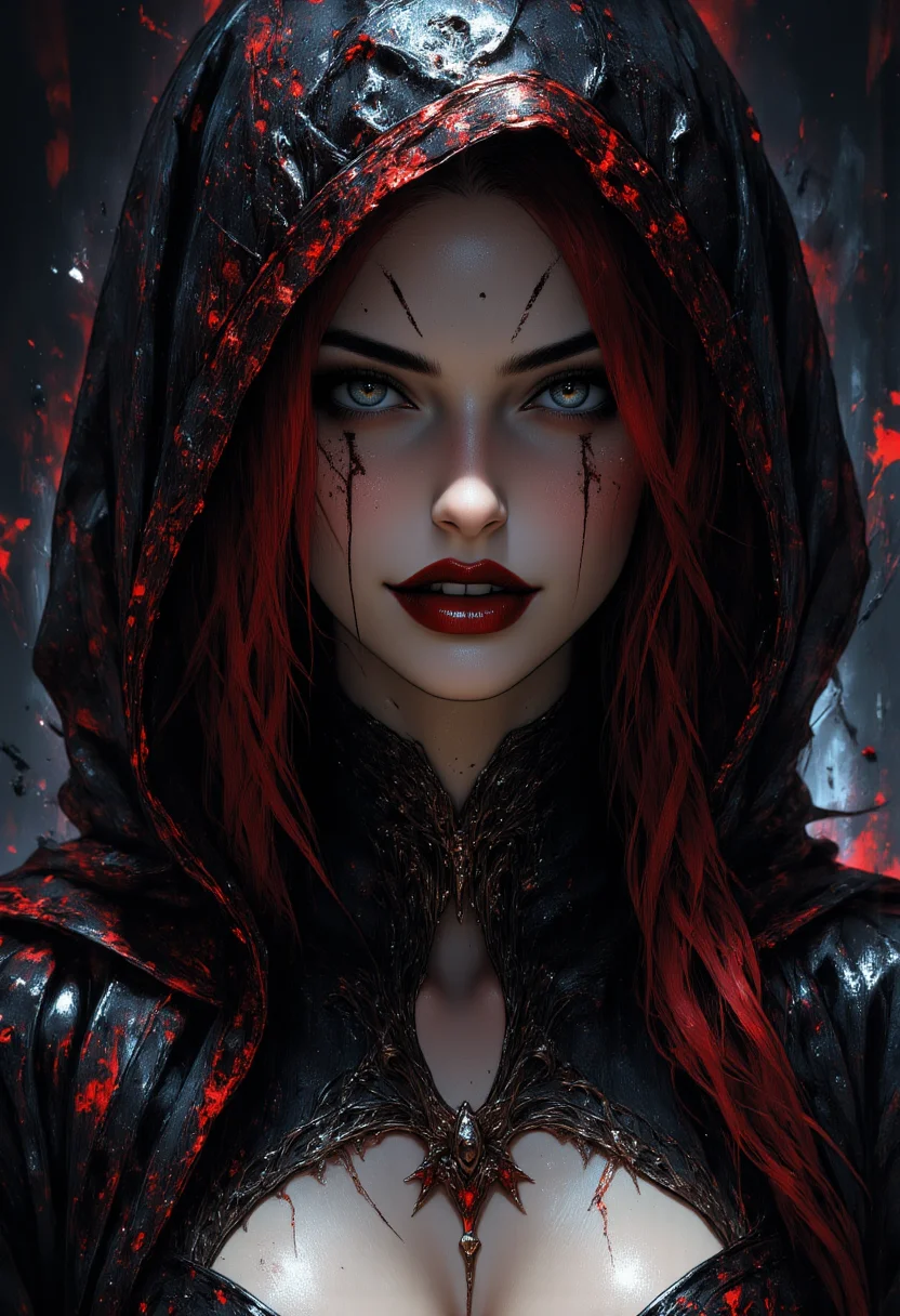 high quality, ultra detailed, colorful, abstract, fantasy, aidmaMJ6.1, a highly detailed, hyper-realistic digital painting depicting a close-up of a vampire woman's face, sultry apperance, seductive and beautiful, her mouth is slightly open, she has long dark red hair, partially obscured face, her face is adorned with a glossy, black hooded cloak that covers her head and shoulders, adding to the dark, eerie atmosphere, she wears a black, high-collared top with a plunging neckline, cleavage, the background is dark and out of focus, smokey background, focusing attention on her face and upper body, the texture of her skin is smooth and glossy, with a slight sheen, enhancing the realism of the artwork, the overall style is dark fantasy and gothic, blending elements of horror and fantasy art with a touch of realism,