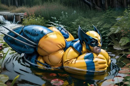 (pooltoy:0.8), floating on pond, canadian wilderness  masterpiece ,best quality, side view, full body, sideview, short, (wolverine costume), wolverine mask, butch, solo, claws superhero, breasts