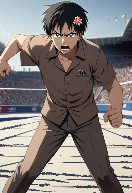 high resolution, solo, best quality, 1Boy, Takaki Toono, Brownish Hair, Brown Eyes, anger, fight, OverallDetail