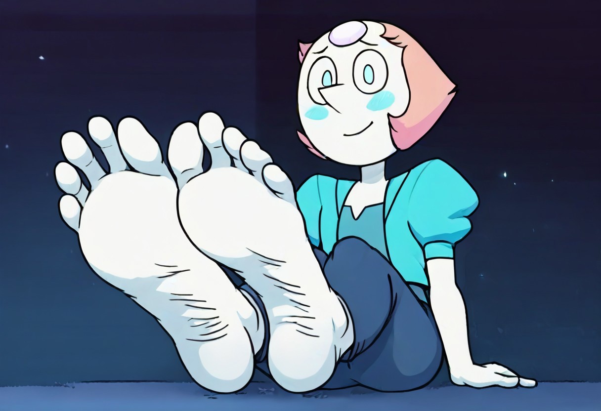 perfect, masterpiece, score_9, score_8_up, score_7_up, source_cartoon, 2D, thick outlines, ((flat colors)), detailed, solo, 1girl, Pearl_SU, white skin, pink hair, short hair, blue eyes, slender, tall, dark teal shirt, teal jacket, puffy sleeves, dark blue pants, barefoot, sitting, legs, feet, foot focus, soles, toes, wrinkled soles, foreshortening, view from below, big feet, (long feet, long toes), looking at viewer, blushing, relaxed, smile