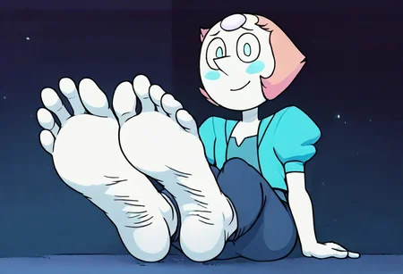 perfect, masterpiece, score_9, score_8_up, score_7_up, source_cartoon, 2D, thick outlines, ((flat colors)), detailed, solo, 1girl, Pearl_SU, white skin, pink hair, short hair, blue eyes, slender, tall, dark teal shirt, teal jacket, puffy sleeves, dark blue pants, barefoot, sitting, legs, feet, foot focus, soles, toes, wrinkled soles, foreshortening, view from below, big feet, (long feet, long toes), looking at viewer, blushing, relaxed, smile