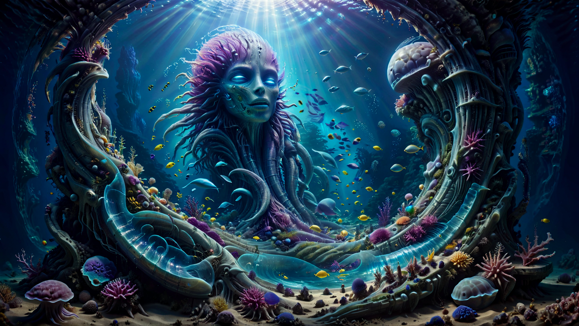 Immerse yourself in the mesmerizing depths of an underwater world. Capture the ethereal beauty of an (alien:0.4) progenitor holographic ruined monument on the ocean bed, illuminated by the vibrant glow of marine flora. Experience the enchanting world of thriving life beneath the waves. Use HDR and raytracing to enhance visual impact of vibrant colours and create an ultimate masterpiece