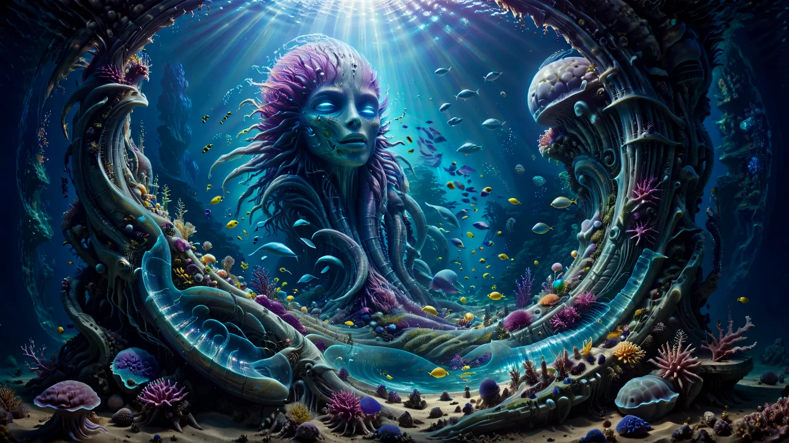 Immerse yourself in the mesmerizing depths of an underwater world. Capture the ethereal beauty of an (alien:0.4) progenitor holographic ruined monument on the ocean bed, illuminated by the vibrant glow of marine flora. Experience the enchanting world of thriving life beneath the waves. Use HDR and raytracing to enhance visual impact of vibrant colours and create an ultimate masterpiece
