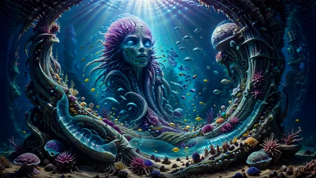 Immerse yourself in the mesmerizing depths of an underwater world. Capture the ethereal beauty of an (alien:0.4) progenitor holographic ruined monument on the ocean bed, illuminated by the vibrant glow of marine flora. Experience the enchanting world of thriving life beneath the waves. Use HDR and raytracing to enhance visual impact of vibrant colours and create an ultimate masterpiece