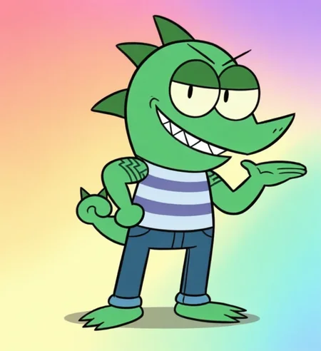 high resolution, best quality, cel shading, smug, hand on hip, looking at viewer, pose, male, full body, (rainbow background), <lora:Chameleon_Jr_-_OK_KO_LBH_Illust:0.95> chameleon jr, scalie, chameleon, toony, head spikes, green skin, arm tattoo, tail, curled tail, sharp teeth, pointy nose, yellow sclera, black eyes, tail spikes, striped shirt, jeans