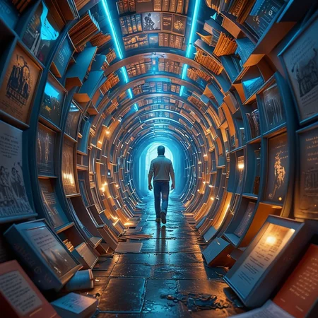 HDR photo of a man walking through a tunnel of books, matte painting of human mind, photographic print, dreamworld, in style of james paick, portrait of a dreamer, inside the picture is infinity, inside a cluttered art studio, promotional artwork, <lora:Oblivion_lcm_structure_Craft_a_high-resolution:0.8>As the character races through the corridor, a series of diverse images within picture frames, spanning from pop art to surrealism, are bathed in a cool blue hue, juxtaposed against the warm glow of sunlight at the corridor's end, adding complexity to the urgency of the dynamic gameplay experience., <lora:glowneon_xl_v1:0.8>, glowneon, glowing, sparks, lightning Three dimensional TV monitors stuck in the wall of the tunnel, <lora:xl_more_art-full_v1:0> . High dynamic range, vivid, rich details, clear shadows and highlights, realistic, intense, enhanced contrast, highly detailed