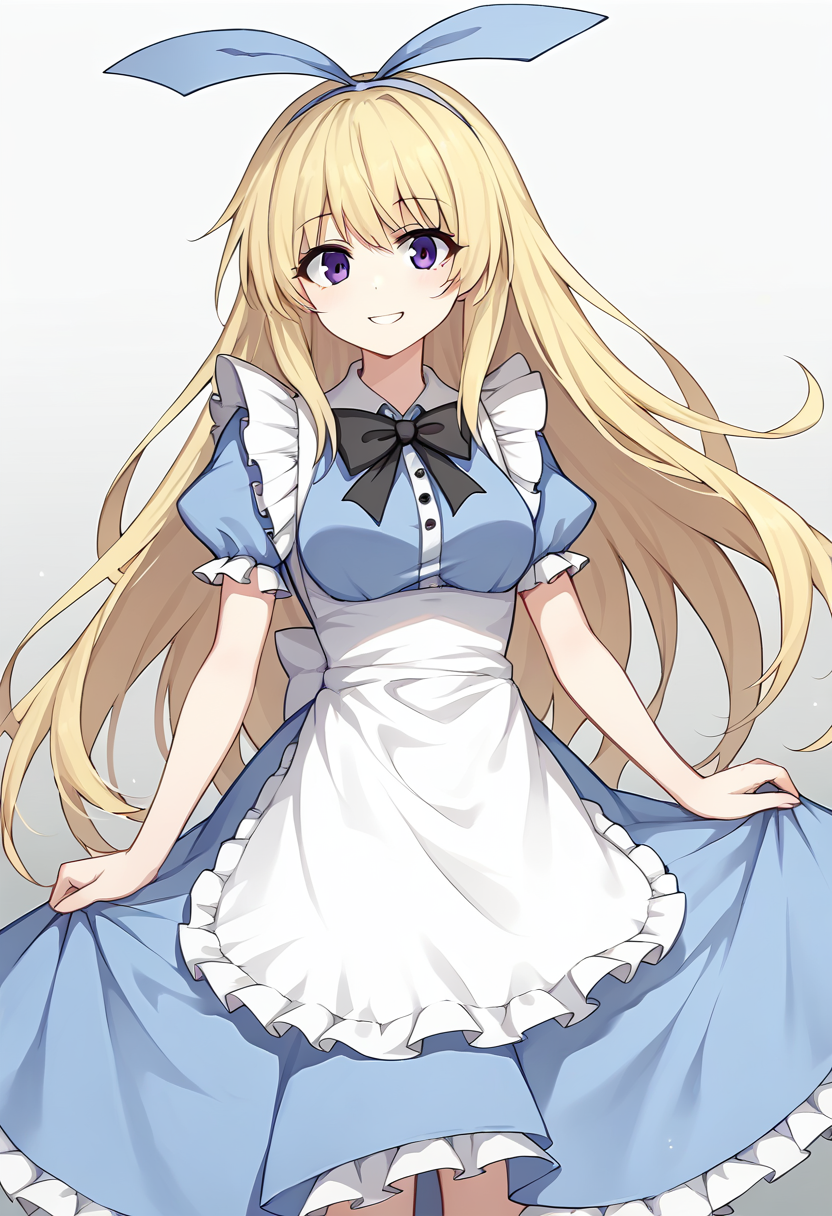 score_9, score_8_up, score_7_up, source_anime, AliceSisterBS2, 1girl, long hair, solo, blonde hair, dress,  apron, bow, purple eyes, ribbon, short sleeves, hair ribbon, blue ribbon, blue dress, looking at viewer, puffy sleeves, puffy short sleeves, bowtie, white apron, very long hair, black bow, medium breasts, <lora:Alice Sister BS2 xl pony:0.8>, gray background, gradient background, hips, thighs, smile
