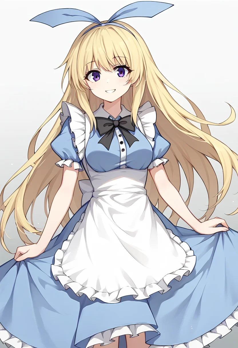 score_9, score_8_up, score_7_up, source_anime, AliceSisterBS2, 1girl, long hair, solo, blonde hair, dress,  apron, bow, purple eyes, ribbon, short sleeves, hair ribbon, blue ribbon, blue dress, looking at viewer, puffy sleeves, puffy short sleeves, bowtie, white apron, very long hair, black bow, medium breasts, <lora:Alice Sister BS2 xl pony:0.8>, gray background, gradient background, hips, thighs, smile