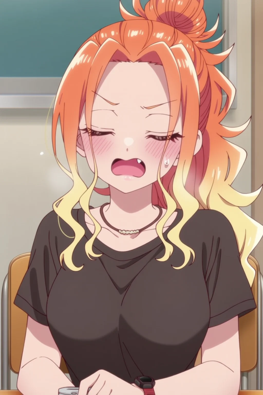masterpiece, best quality, score_9, mikadono niko, 1girl, solo, long hair, blush, open mouth, shirt, blonde hair, holding, jewelry, upper body, closed eyes, ponytail, multicolored hair, short sleeves, sidelocks, indoors, fang, necklace, hair bun, orange hair, sweatdrop, black shirt, gradient hair, t-shirt, watch, wristwatch, gyaru, sitting, wavy hair, high ponytail