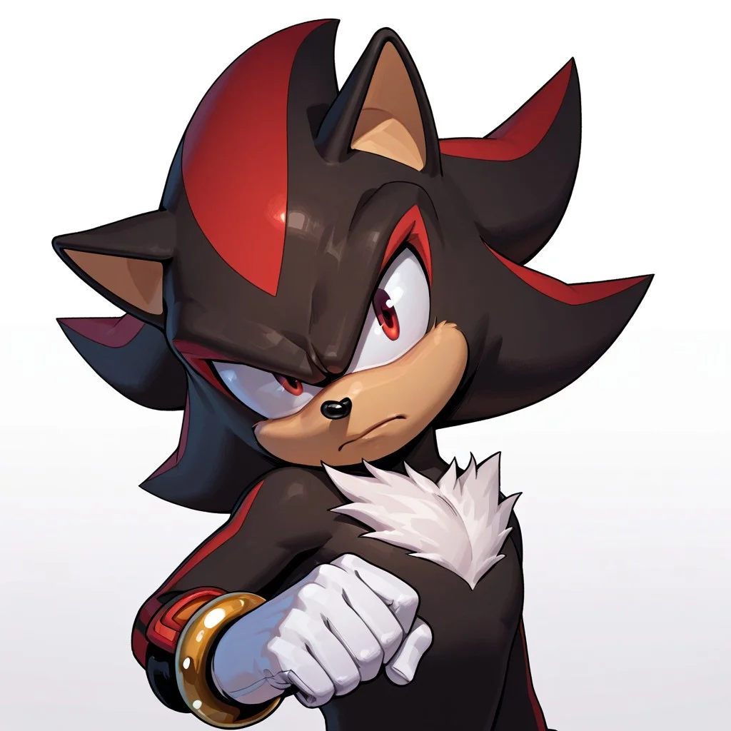 FutureFightStyle, ((semi realistic)), score_9, score_8_up, score_7_up, 8k, absurd res, evnstnly, masterpiece,1boy, solo, sonic (series), male focus, male, shadow the hedgehog, black fur, red eyes, white background, white gloves, beige fur, (((head shot))), lineless, angry, closed mouth, head tilt, looking at viewer, side view, posing, cartoon