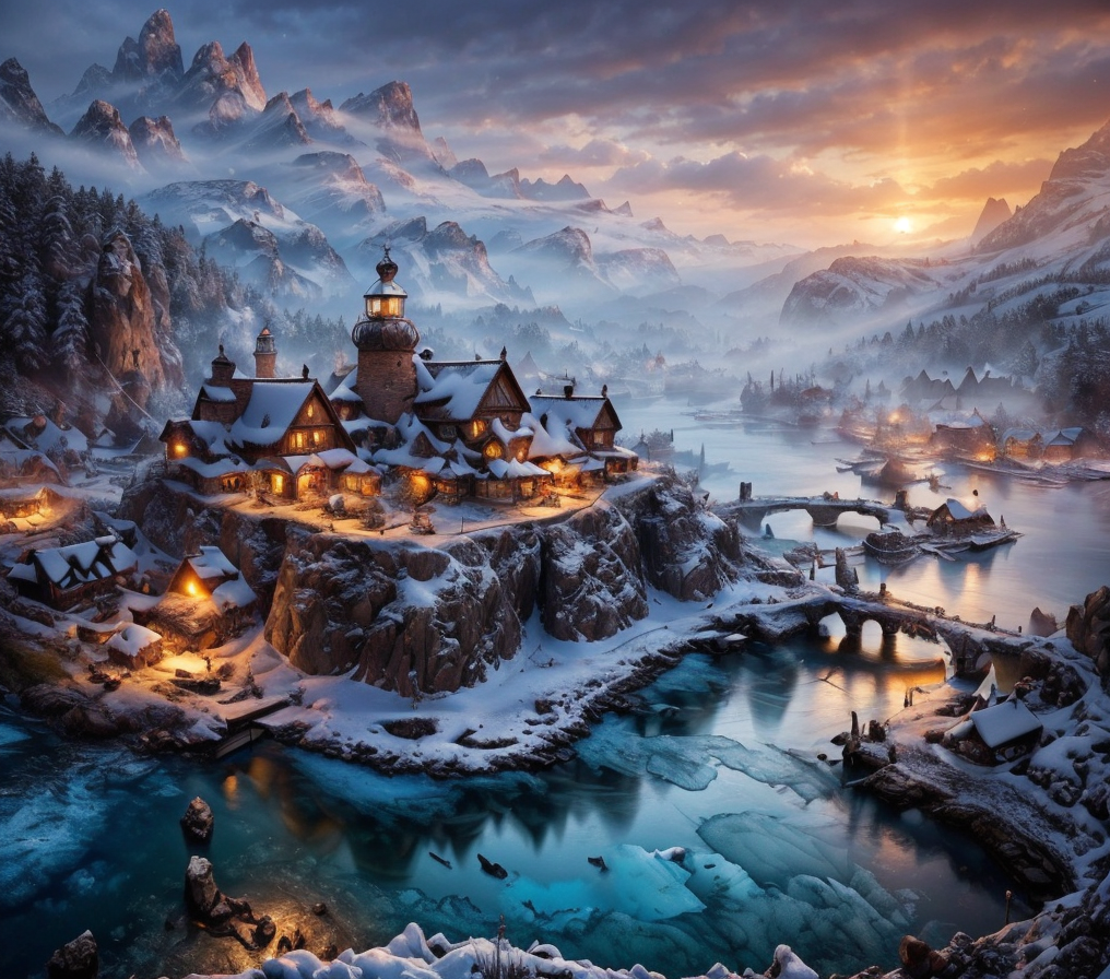 RAW photo, (masterpiece:1.3), subsurface scattering, heavy shadow, (high quality:1.4), (intricate, high detail:1.2), professional photography, HDR, High Dynamic Range, realistic, ultra realistic, photorealistic, high resolution, film photography, ambient lighting, atmospheric effects, <lora:detail_slider_v4:2>, OverallDetail, Ice, <lora:RealmsOfIce:1>, a small viking village with a harbor, epiCPhoto
