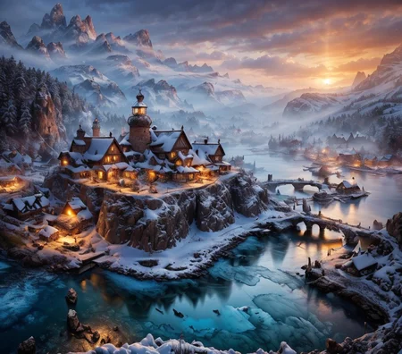 RAW photo, (masterpiece:1.3), subsurface scattering, heavy shadow, (high quality:1.4), (intricate, high detail:1.2), professional photography, HDR, High Dynamic Range, realistic, ultra realistic, photorealistic, high resolution, film photography, ambient lighting, atmospheric effects, <lora:detail_slider_v4:2>, OverallDetail, Ice, <lora:RealmsOfIce:1>, a small viking village with a harbor, epiCPhoto